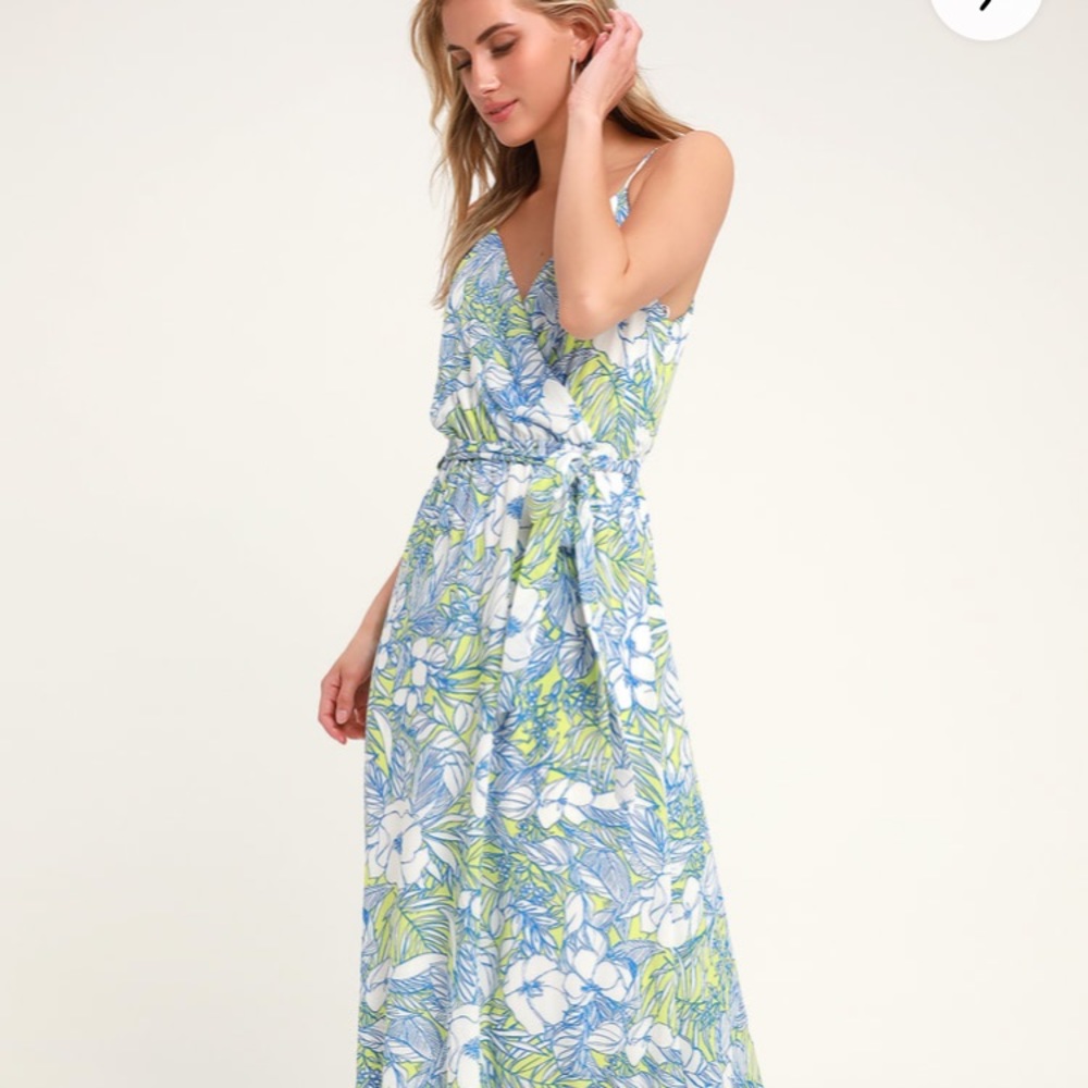 LULUS New Sunrise in Paradise Blue Tropical Floral Print Maxi Dress Medium